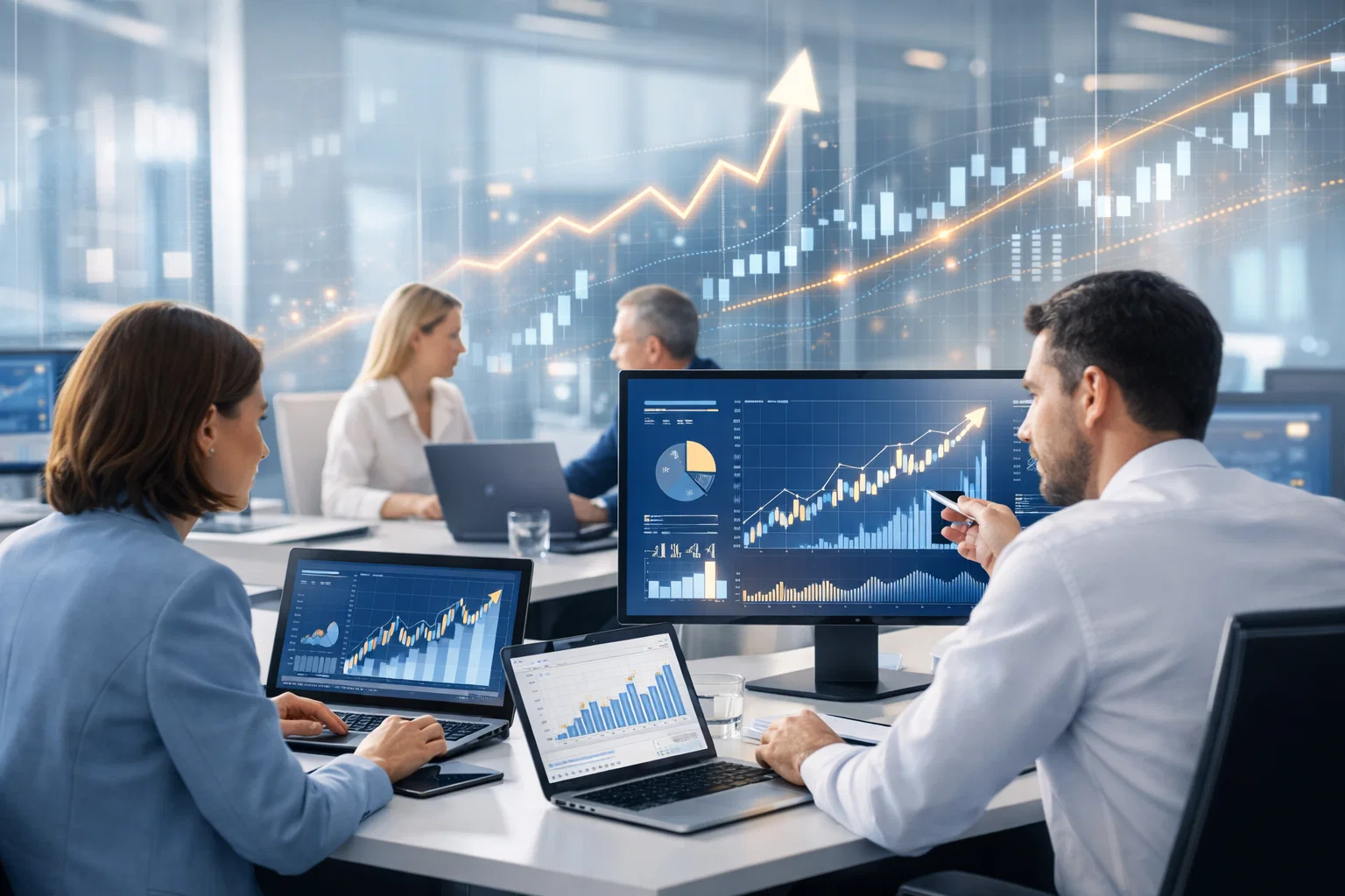 Financial advisory SEO growth dashboard with rising charts and lead performance analysis.