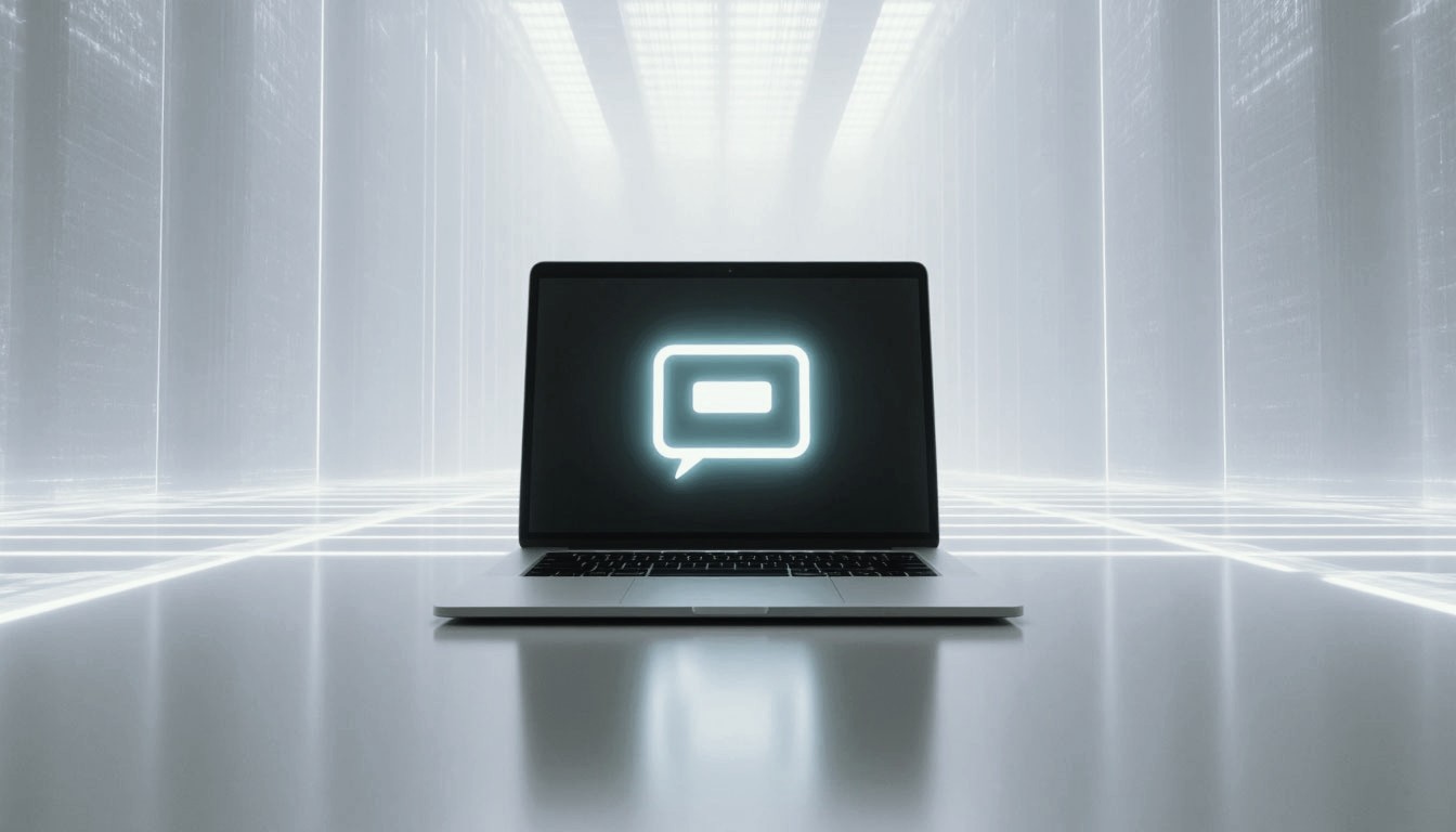 A laptop with a communication form open on the screen stands in the center of a bright abstract digital space.