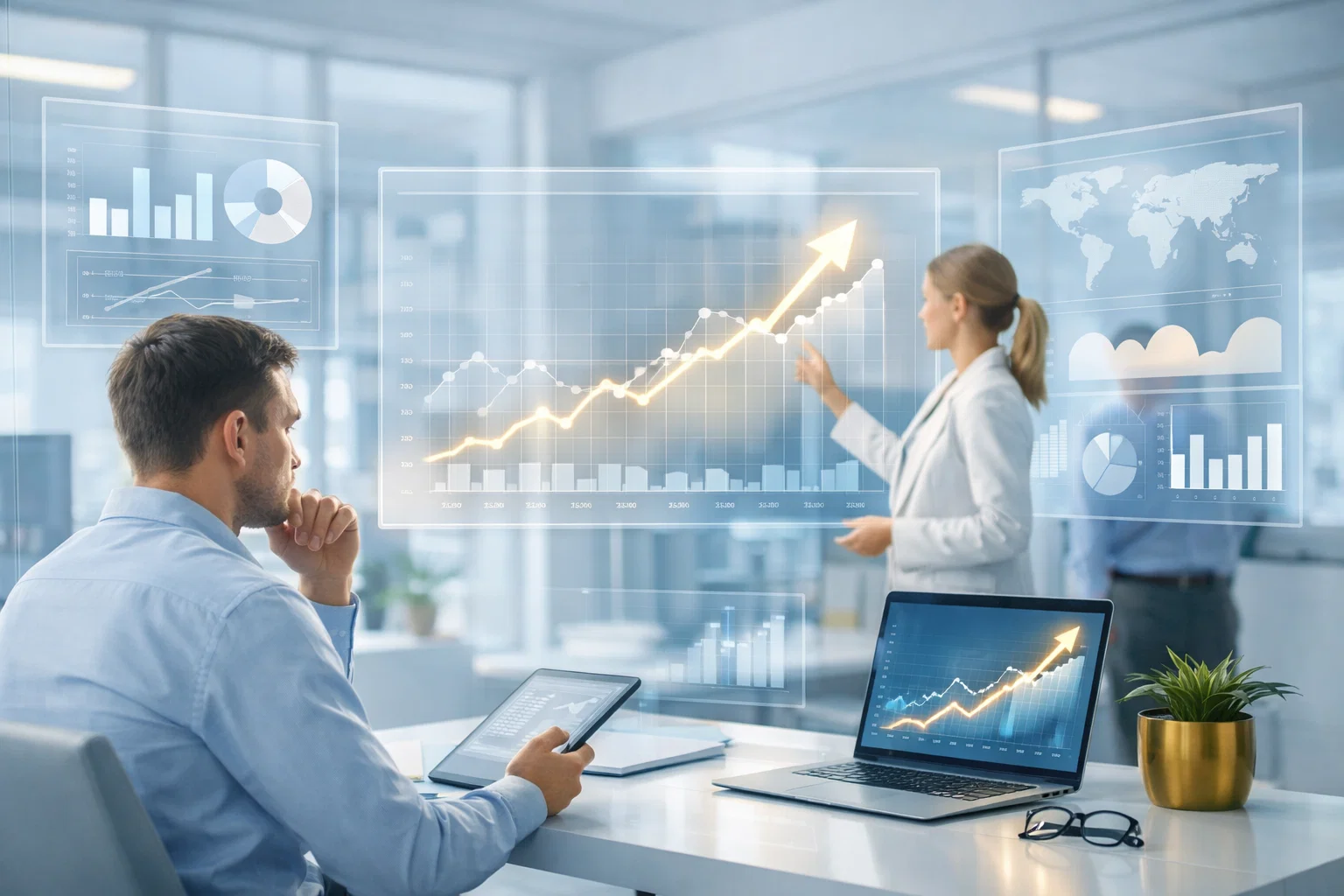 Business professional viewing growth trends and analytics on a digital dashboard in a modern office.