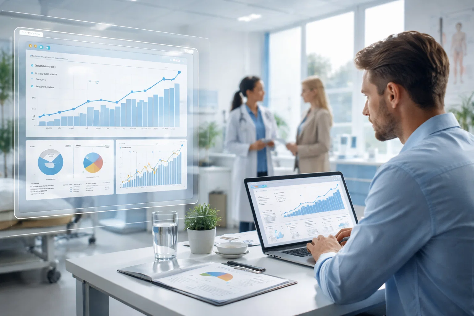 Healthcare professional analyzing performance and growth metrics on a laptop in a medical office.